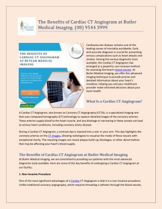 The Benefits of Cardiac CT Angiogram at Butler Medical Imaging. (08) 9544 3999