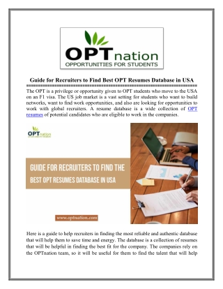 OPT resumes database in USA For Employers and Students