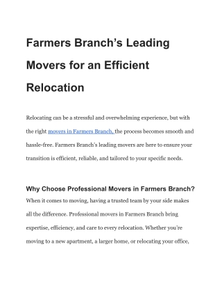 Farmers Branch’s Leading Movers for an Efficient Relocation