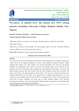 Prevalence of typhoid fever and anemia (low PCV) among patients attending