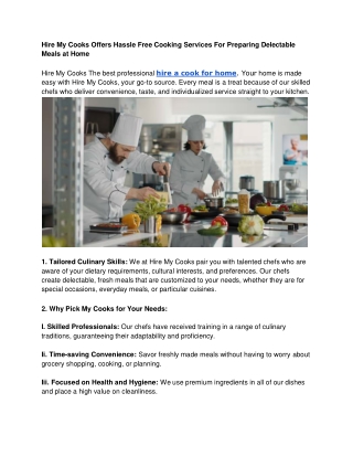 Hire My Cooks Offers Hassle Free Cooking Services For Preparing Delectable Meals at Home