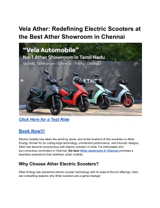 Vela Ather_ Redefining Electric Scooters at the Best Ather Showroom in Chennai