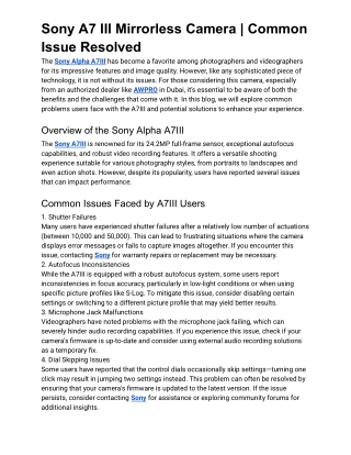 Sony A7 III Mirrorless Camera _ Common Issue Resolved