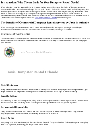 The Benefits of Commercial Dumpster Rental Services by means of Javis in Orlando