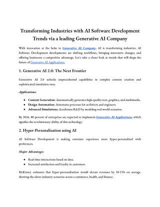 Transforming Industries with AI Software Development Trends via a leading Generative AI Company