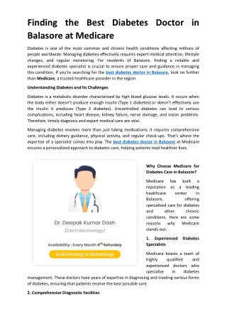 Finding the Best Diabetes Doctor in Balasore at Medicare