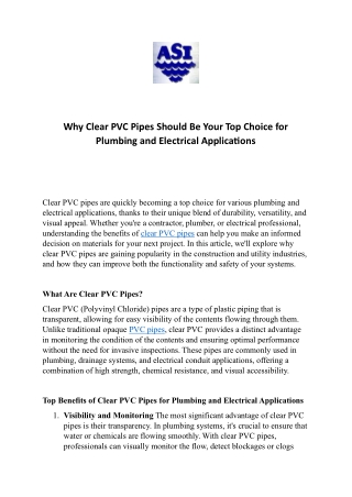 Why Clear PVC Pipes Should Be Your Top Choice for Plumbing and Electrical Applications