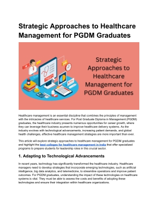 Strategic Approaches to Healthcare Management for PGDM Graduates