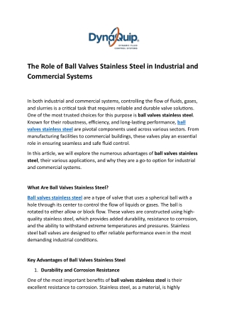 The Role of Ball Valves Stainless Steel in Industrial and Commercial Systems
