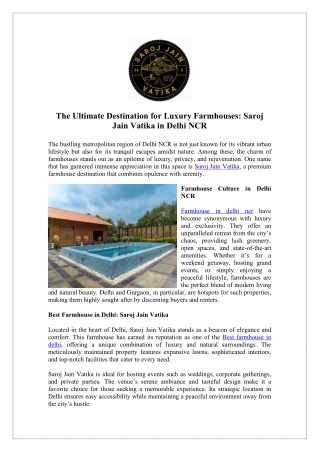 Experience Luxury Farmhouse in Delhi - Saroj Jain Vatika