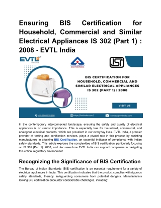 Ensuring BIS Certification for Household, Commercial and Similar Electrical Appliances IS 302 (Part 1) _ 2008 - EVTL Ind