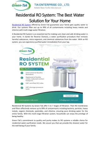 Residential RO System- The Best Water Solution for Your Home