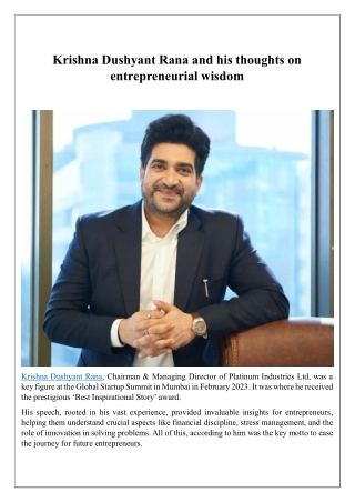 Krishna Dushyant Rana and his thoughts on entrepreneurial wisdom