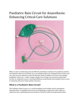 Paediatric Bain Circuit for Anaesthesia: Enhancing Critical Care Solutions