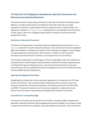 Bridging the Gap Between Specialty Chemicals and Pharmaceutical Quality Standards - I R Tubes Pvt Ltd