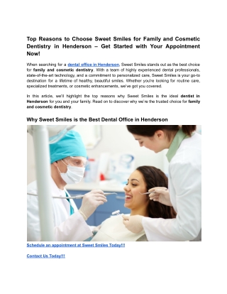 Top Reasons to Choose Sweet Smiles for Family and Cosmetic Dentistry in Henderson – Get Started with Your Appointment No