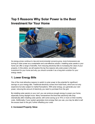 Top 5 Reasons Why Solar Power is the Best Investment for Your Home