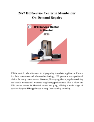 24x7 IFB Service Center in Mumbai for On-Demand Repairs