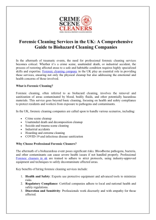 Forensic Cleaning Services in UK by Biohazard Specialists