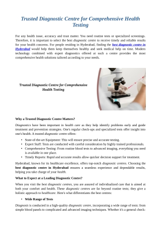 Trusted Diagnostic Centre for Comprehensive Health Testing