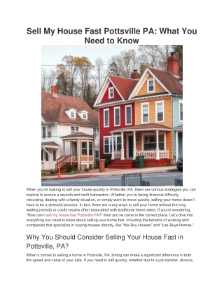 Sell My House Fast Pottsville PA_ What You Need to Know