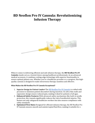 BD Neoflon Pro IV Cannula: Revolutionizing Infusion Therapy
