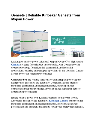 Kirloskar Gensets, Generator Sets, and Petrol Gensets by Myspan Power