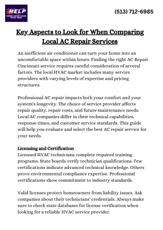 Key Aspects to Look for When Comparing Local AC Repair Services