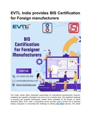 EVTL India provides BIS Certification for Foreign manufacturers