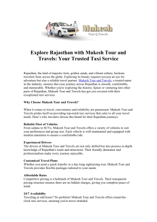 Explore Rajasthan with Mukesh Tour and Travels  Your Trusted Taxi Service