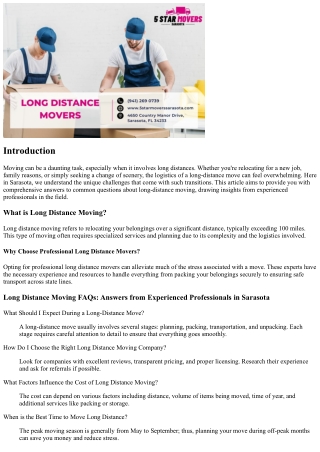 Long Distance Moving FAQs: Answers from Experienced Professionals in Sarasota