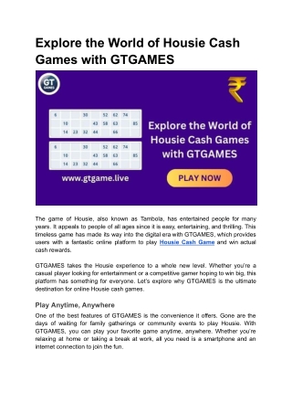 Explore the World of Housie Cash Games with GTGAMES