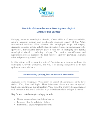 The Role of Panchakarma in Treating Neurological Disorders Like Epilepsy