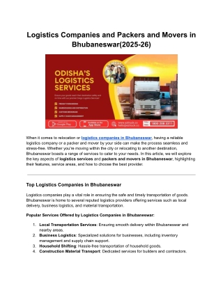 Logistics Companies and Packers and Movers in Bhubaneswar(2025-26)
