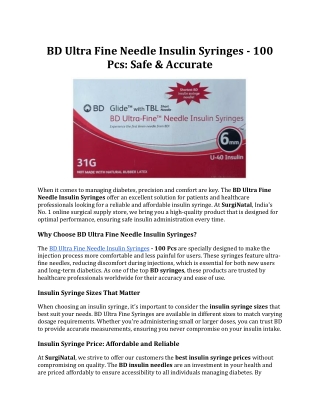 BD Ultra Fine Needle Insulin Syringes - 100 Pcs: Safe & Accurate