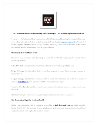 The Ultimate Guide to Understanding Body Dent Repair Cost and Finding Services Near You