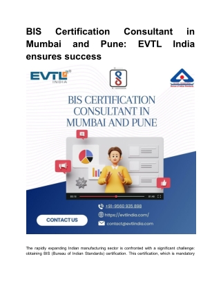 BIS Certification Consultant in Mumbai and Pune: EVTL India ensures success