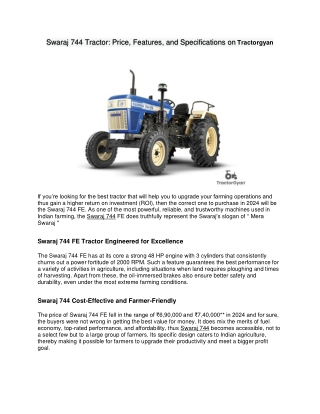 Swaraj 744 Tractor: Price, Features, and Specifications On Tractorgyan