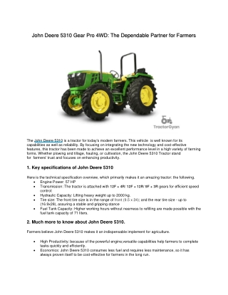 Conquer Your Farm with John Deere 5310 Gear Pro 4WD Tractor
