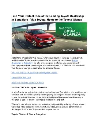 Find Your Perfect Ride at the Leading Toyota Dealership in Bangalore - Viva Toyota, Home to the Toyota Glanza