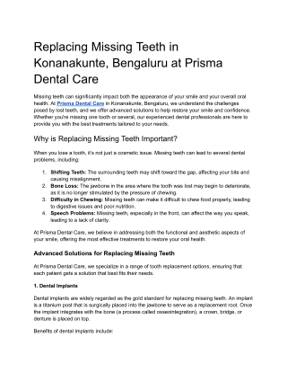 Replacing Missing Teeth in Konanakunte, Bengaluru at Prisma Dental Care