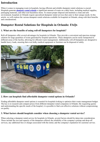 Dumpster Rental Remedies for Hospitals in Orlando
