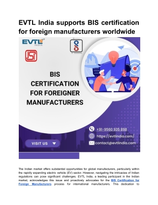 EVTL India supports BIS certification for foreign manufacturers worldwide