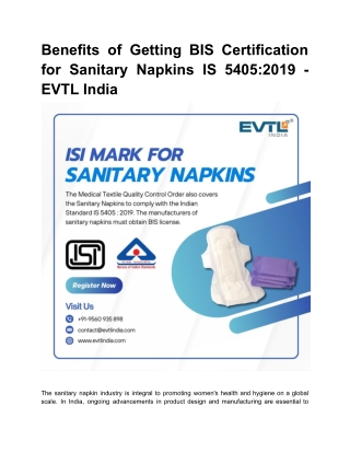 Benefits of Getting BIS Certification for Sanitary Napkins IS 5405_2019 - EVTL India