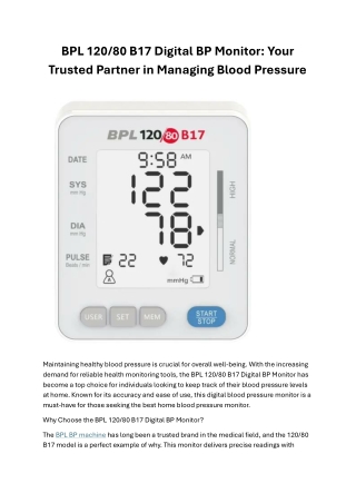 BPL 120/80 B17 Digital BP Monitor:  Trusted Partner in Managing Blood Pressure