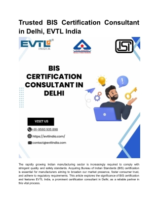 Trusted BIS Certification Consultant in Delhi, EVTL India