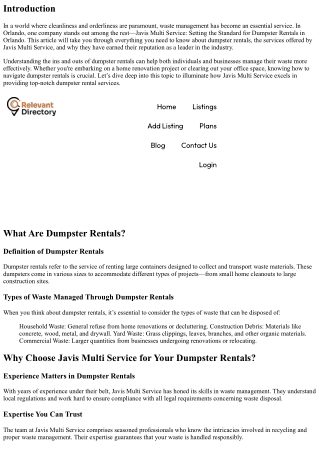 Javis Multi Service: Setting the Standard for Dumpster Rentals in Orlando