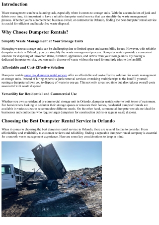 Simplify Waste Management at Your Storage Units with Reliable Dumpster Rentals