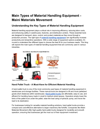 Main Types of Material Handling Equipment - Maini Materials Movement