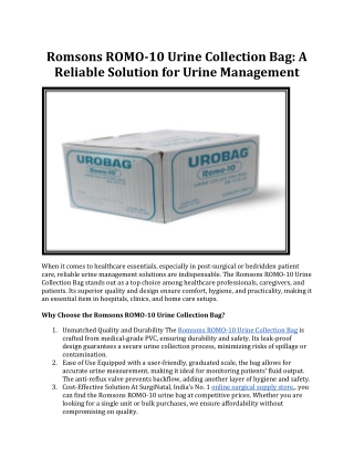 Romsons ROMO-10 Urine Collection Bag: A Reliable Solution for Urine Management